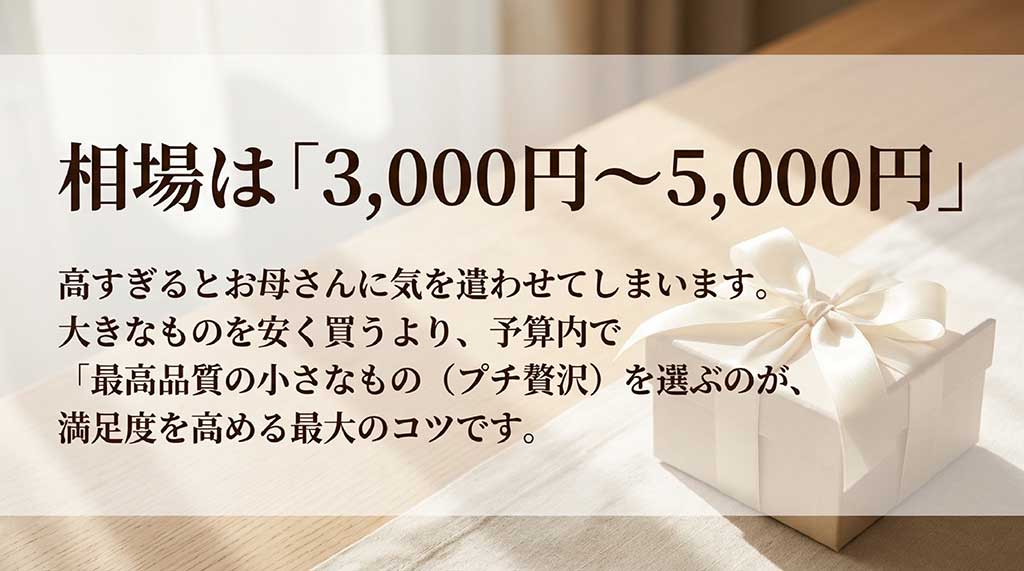 予算相場3,000円〜5,000円。予算内で「最高品質の小さなもの」を選ぶのがコツであるという解説
