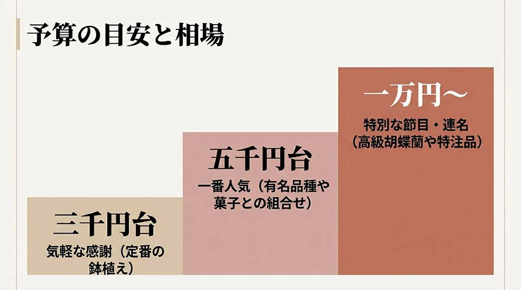 3,000円台、5,000円台、10,000円以上の予算別で、どのようなギフトが選べるかの目安を示したスライド