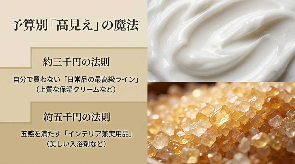 3,000円予算では日常品の最高級ライン、5,000円予算では五感を満たす実用品を選ぶ「高見え」の法則を解説するスライド