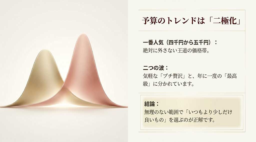 予算が4,000円〜5,000円のボリュームゾーンと高級層に二極化しているトレンドと、無理のない範囲で選ぶ大切さを説明するスライド