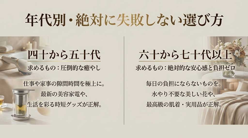 40-50代には癒やし、60-70代には負担ゼロの実用品など、年代別に喜ばれるギフトの選び方をまとめた比較スライド