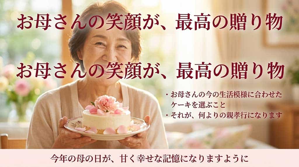 お母さんの生活に合わせたケーキ選びが最高の贈り物になるというメッセージスライド