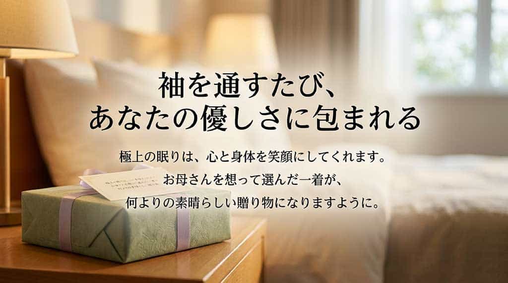「袖を通すたび、あなたの優しさに包まれる」というメッセージと共に、極上の眠りがもたらす笑顔を表現したエンディングスライド
