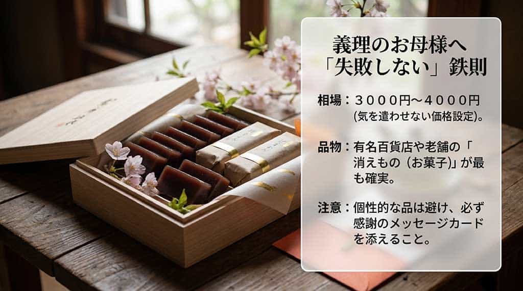 義母へのギフト相場3000円〜4000円、消えものが確実であること、メッセージカードの重要性を説くスライド