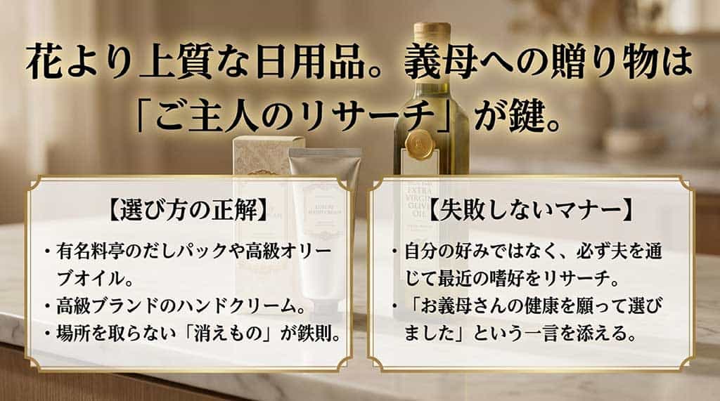 義母への花以外の日用品ギフトの例と、夫を通じたリサーチや感謝の一言を添えるマナーの紹介