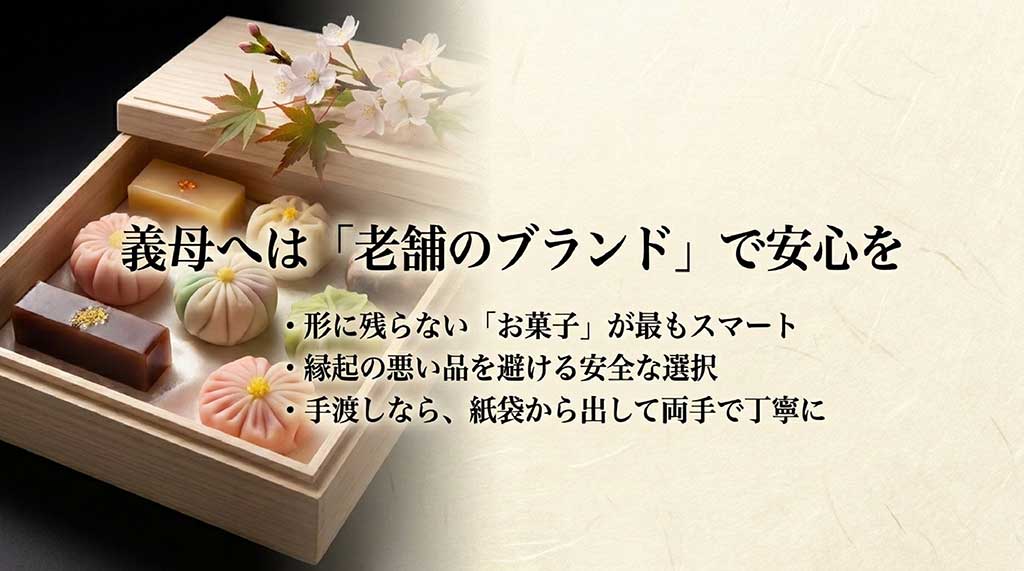 義母への贈り物として形に残らないお菓子がスマートであることや、手渡し時の丁寧なマナーを解説したスライド