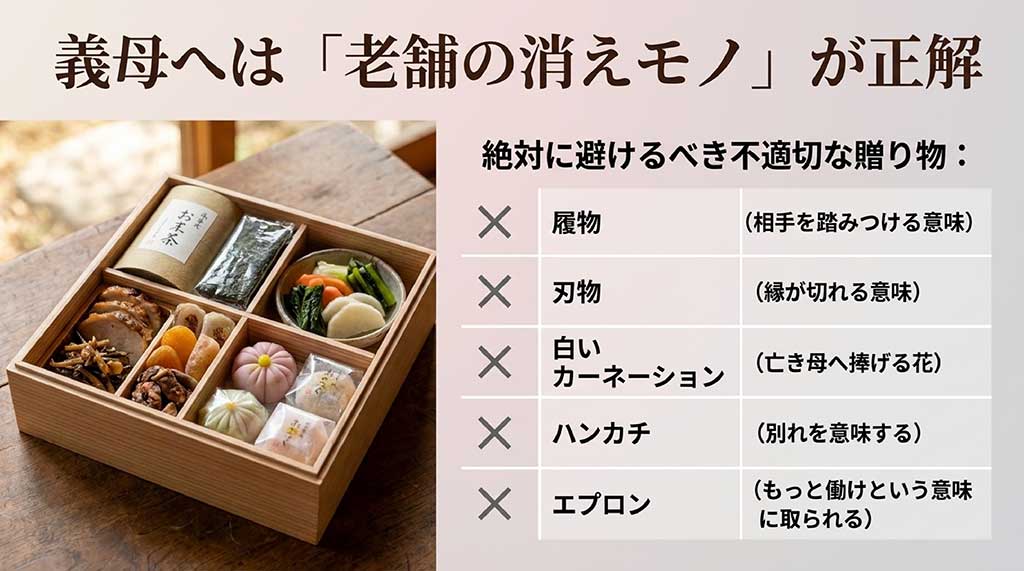 義母に贈るべき老舗の消えモノと、絶対に避けるべき不適切な贈り物（履物、刃物、エプロン等）の解説