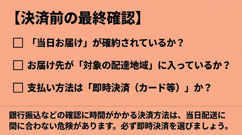 決済前の最終確認。当日お届けの確約、配達対象地域、即時決済(カード等)の選択を確認するチェックリスト