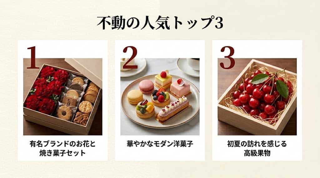母の日ギフト不動の人気トップ3(ブランド花・菓子セット、モダン洋菓子、高級果物)の紹介スライド