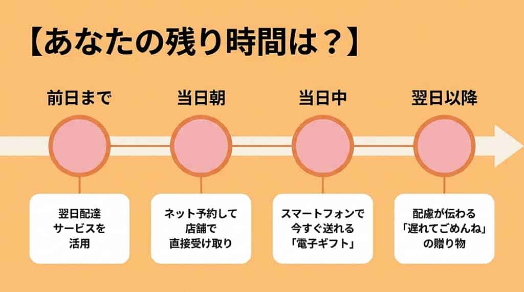 前日まで、当日、翌日以降など、残り時間に応じた4つの解決策(翌日配達、店舗受取、電子ギフト、遅れてごめんね)をまとめた図解