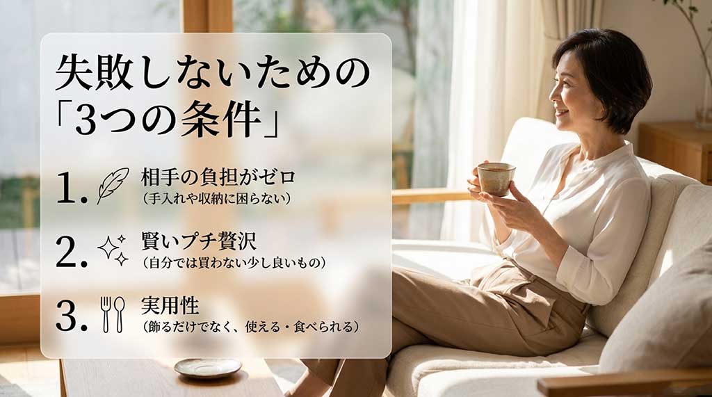 失敗しないギフトの3条件「相手の負担ゼロ」「賢いプチ贅沢」「実用性」のまとめ図解