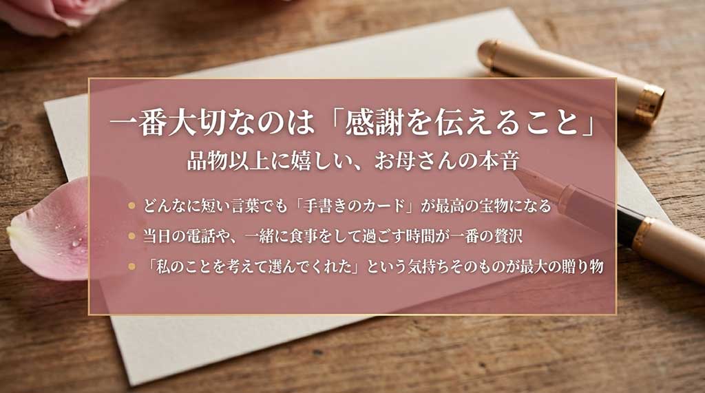 手書きのカードや電話、一緒に過ごす時間など、お母さんが本当に喜ぶ感謝の伝え方のまとめ