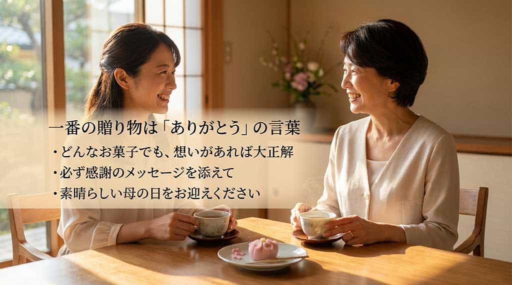 お菓子に感謝のメッセージを添えて、想いを伝えることの大切さを強調した母の日の締めくくりスライド