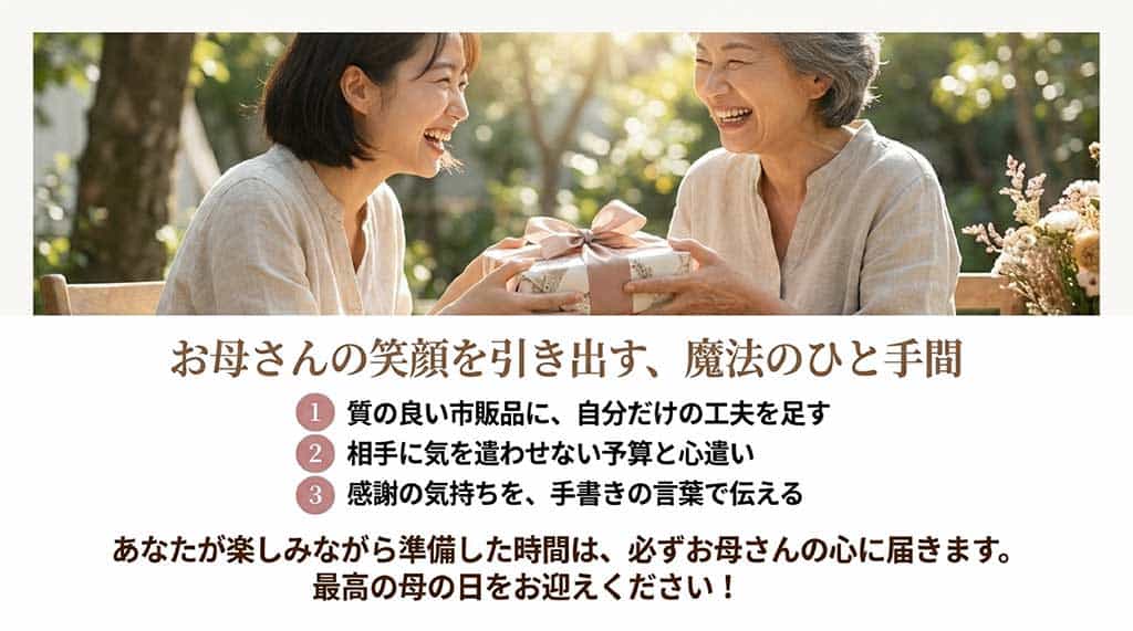 プレゼントを渡して喜ぶ母娘と、手づくりを成功させるための3つのポイントまとめ