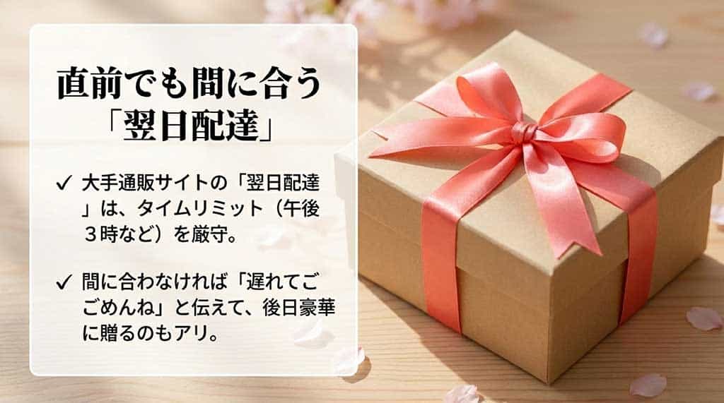 翌日配達のタイムリミット厳守や、遅れて贈る際のマナーについてのアドバイス