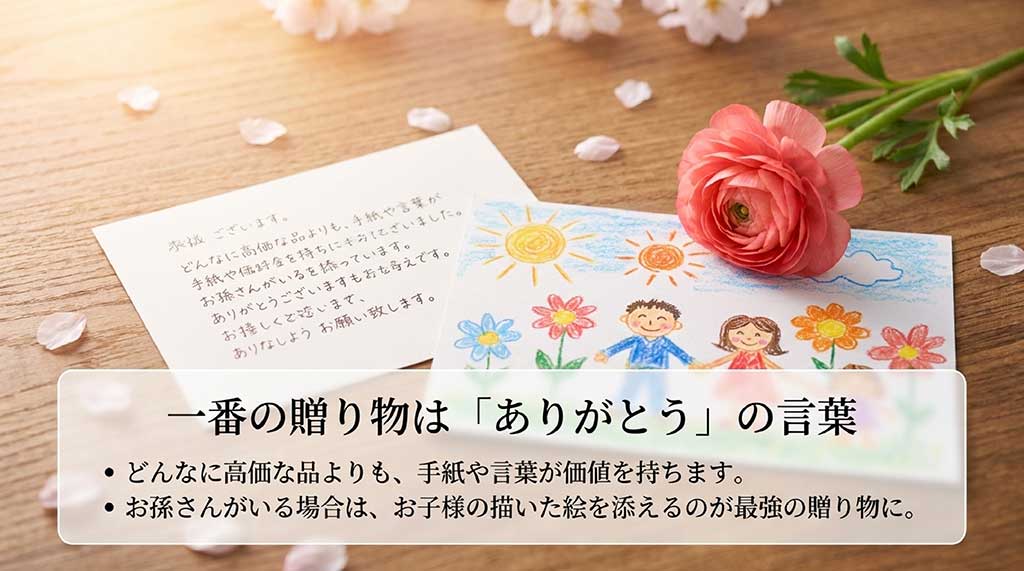 高価な品物より言葉や手紙、孫の絵が喜ばれることを伝える情緒的なスライド