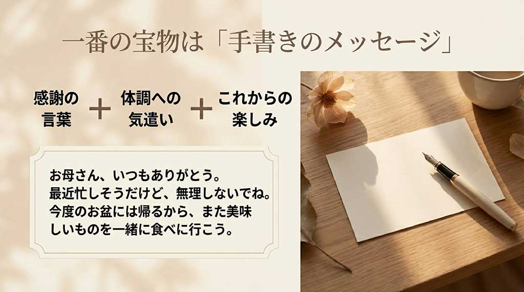 「感謝の言葉＋体調への気遣い＋これからの楽しみ」という、母親に喜ばれるメッセージの作り方と具体的な例文