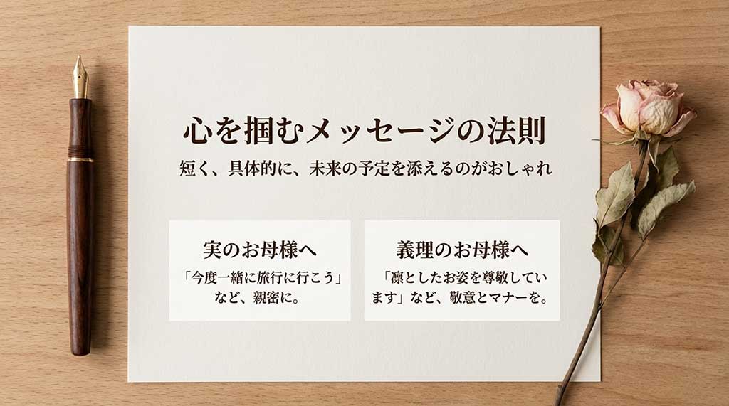 短く具体的に未来の予定を添える、おしゃれなメッセージカード作成の法則を解説するスライド