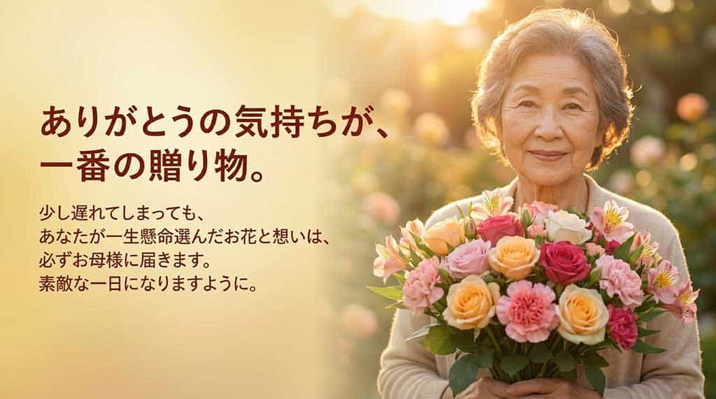 「ありがとうの気持ちが一番の贈り物」というメッセージが書かれた、記事の締めくくりスライド