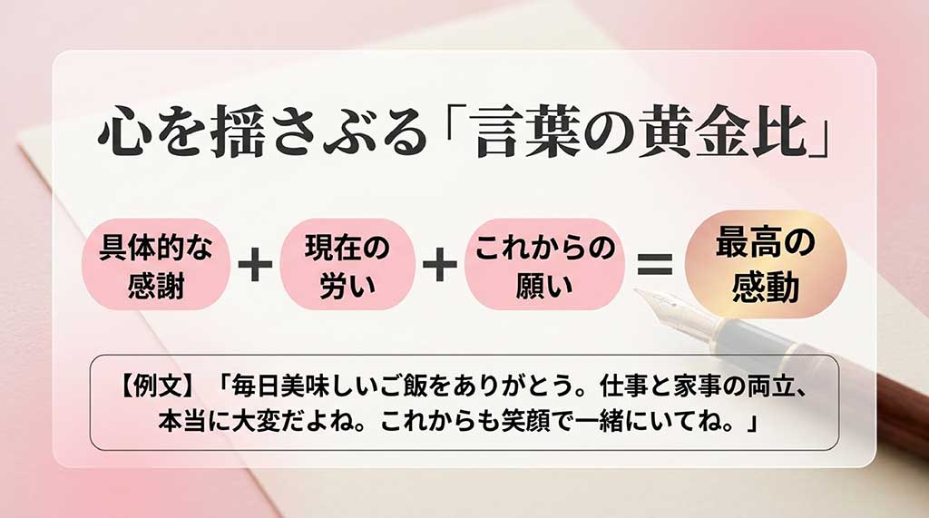 具体的な感謝、現在の労い、これからの願いを組み合わせることで感動を生む言葉の作り方