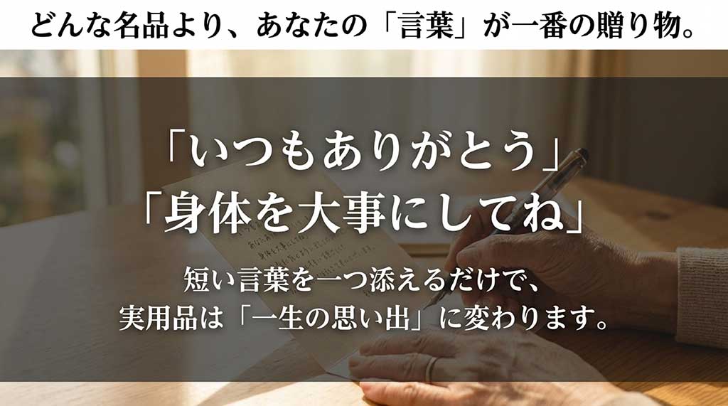 「いつもありがとう」の短い言葉を添えることで、実用品が一生の思い出に変わるというメッセージ
