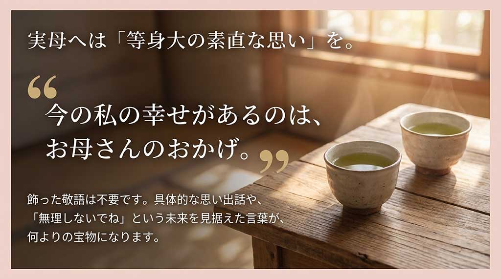 実母向けに具体的な思い出話や未来を見据えた言葉を添える大切さを説明するスライド