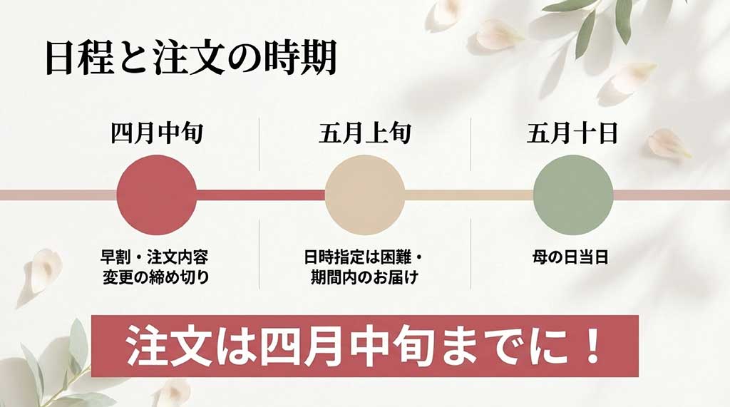 4月中旬までの注文推奨、日時指定の困難さ、当日配送の注意点などをまとめたスケジュール管理のスライド