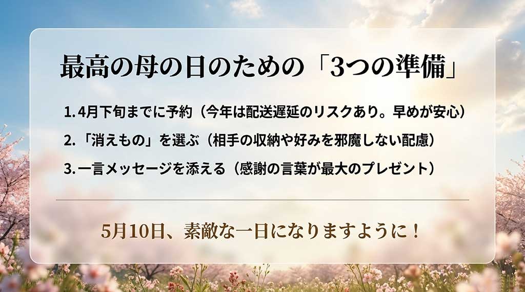 4月下旬までの予約、消えもの選び、メッセージを添えるという母の日を成功させる3つの最終チェック