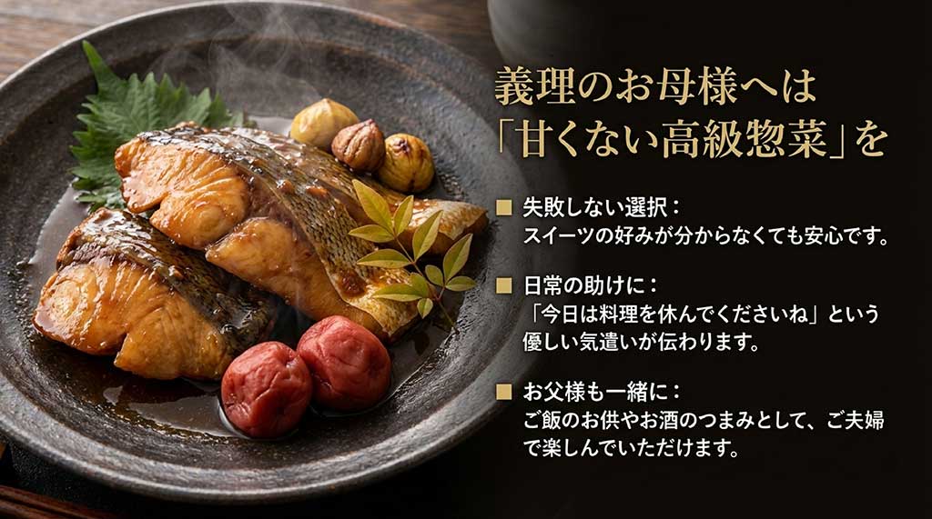 義母へのギフトに失敗しない選択として、料理を休める気遣いが伝わる高級惣菜を提案するスライド