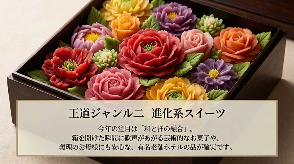 和と洋の融合や芸術的なお菓子など、2026年に注目される母の日スイーツのトレンドを解説するスライド