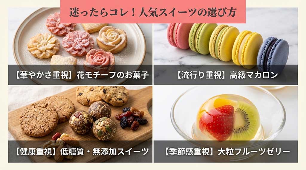 お花モチーフ、高級マカロン、低糖質、フルーツゼリーなど、お母さんの好みに合わせた人気スイーツの分類図