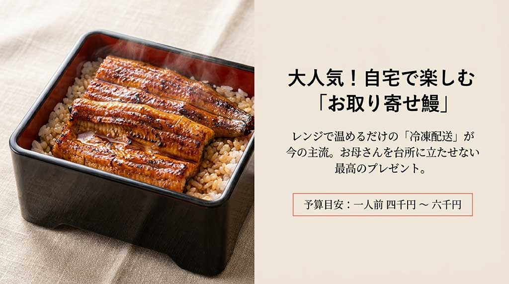 美味しそうな鰻重の写真とともに、予算目安4,000円から6,000円、冷凍配送が主流であることを説明するスライド