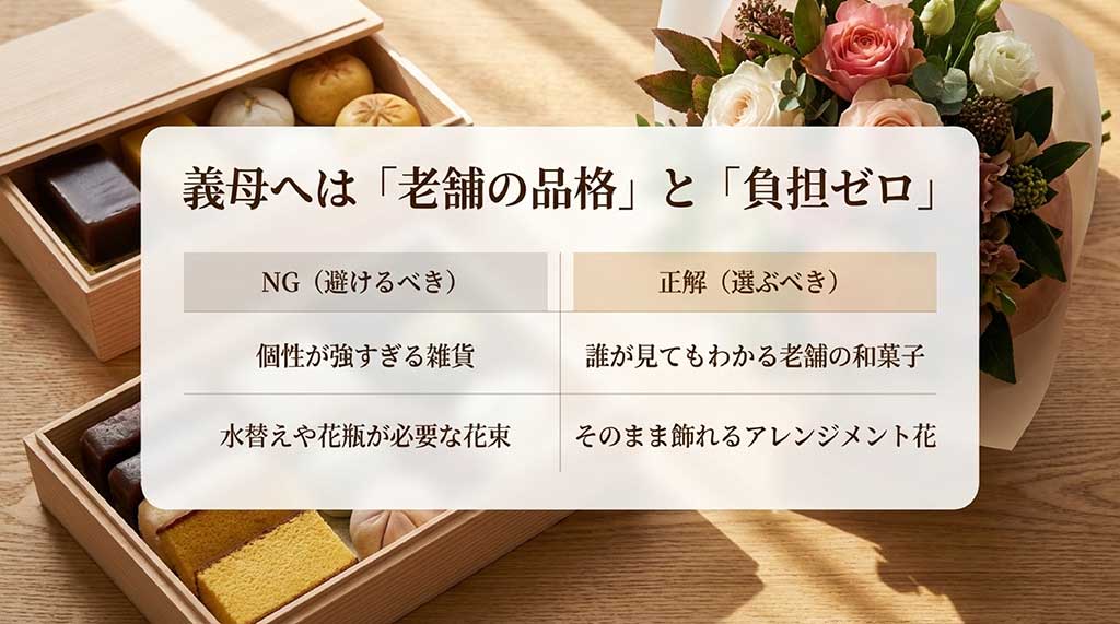 義母向けギフトの比較表。NGは個性が強すぎる雑貨や手入れが必要な花束、正解は老舗の和菓子やそのまま飾れるアレンジメント花