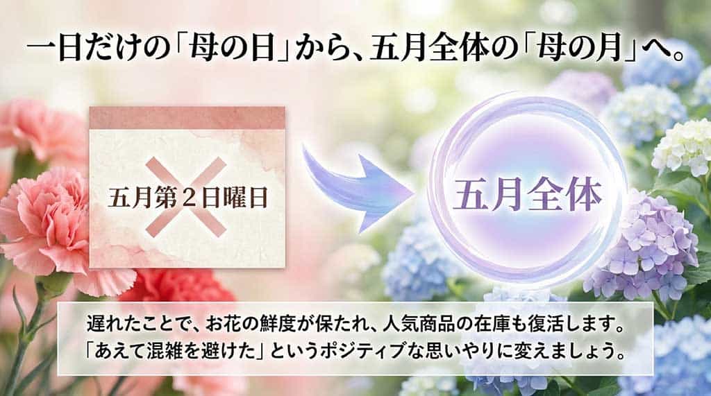 5月第2日曜日から5月全体へ、遅れたことで花の鮮度が保たれるメリットを伝える解説