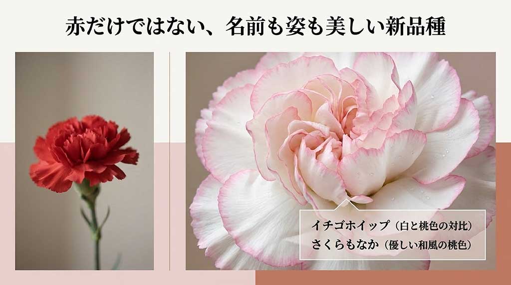 イチゴホイップやさくらもなかなど、赤色だけではない最新のカーネーション品種を紹介するスライド
