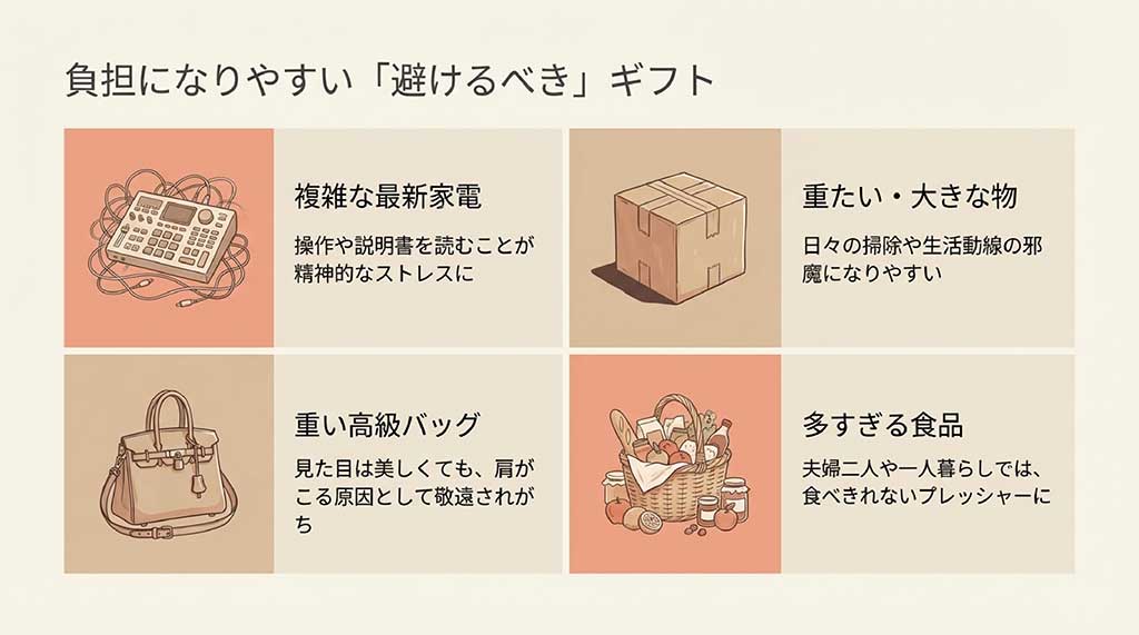 複雑な最新家電、重くて大きな物、重い高級バッグ、多すぎる食品など、高齢の母親にとってストレスや邪魔になりやすいギフトのイラスト一覧
