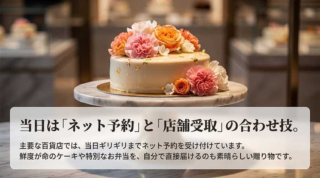 当日はネット予約と店舗受取を組み合わせる方法の解説。百貨店での当日予約についても言及