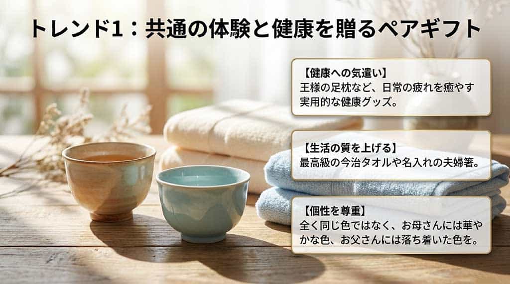健康グッズや今治タオル、名入れ箸など、共通の体験と健康を贈るペアギフトの選び方のポイント