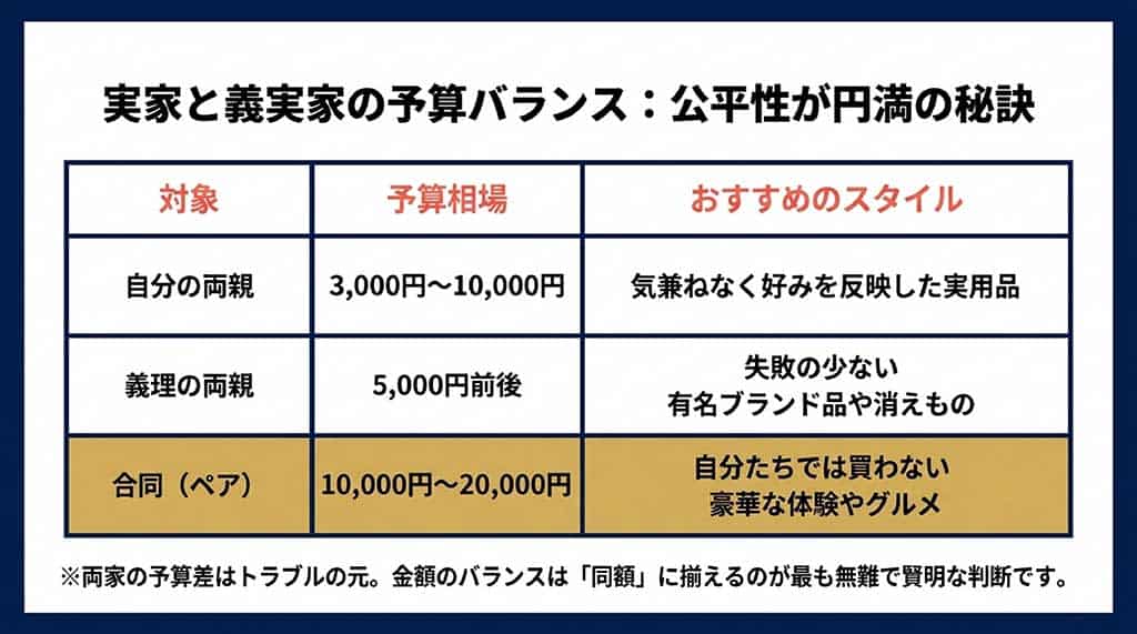 自分の両親、義理の両親、合同ギフトそれぞれの予算相場とおすすめのスタイルをまとめた比較表