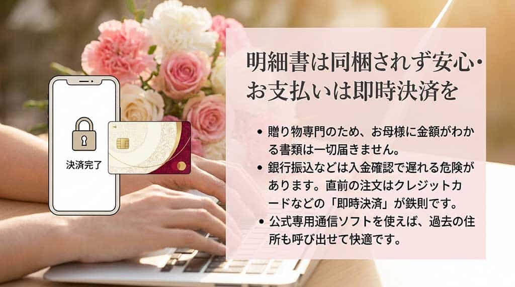 明細書同梱なしの安心ルール、即時決済の重要性、過去の住所呼び出し機能についての解説