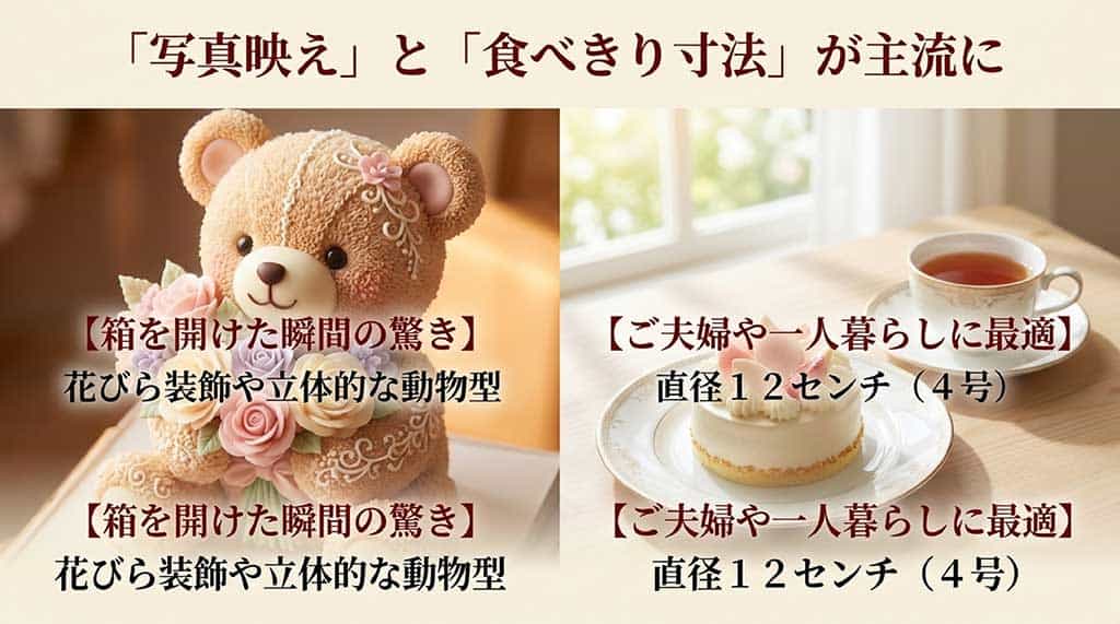 立体的な装飾や4号サイズ(直径12センチ)の利点を解説するトレンド紹介画像