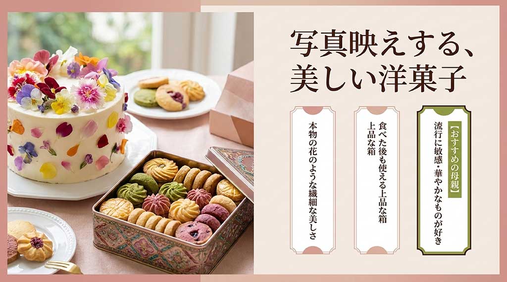 写真映えする美しい洋菓子の詰め合わせとエディブルフラワーをあしらったケーキ。流行に敏感で華やかなものを好む母親におすすめ