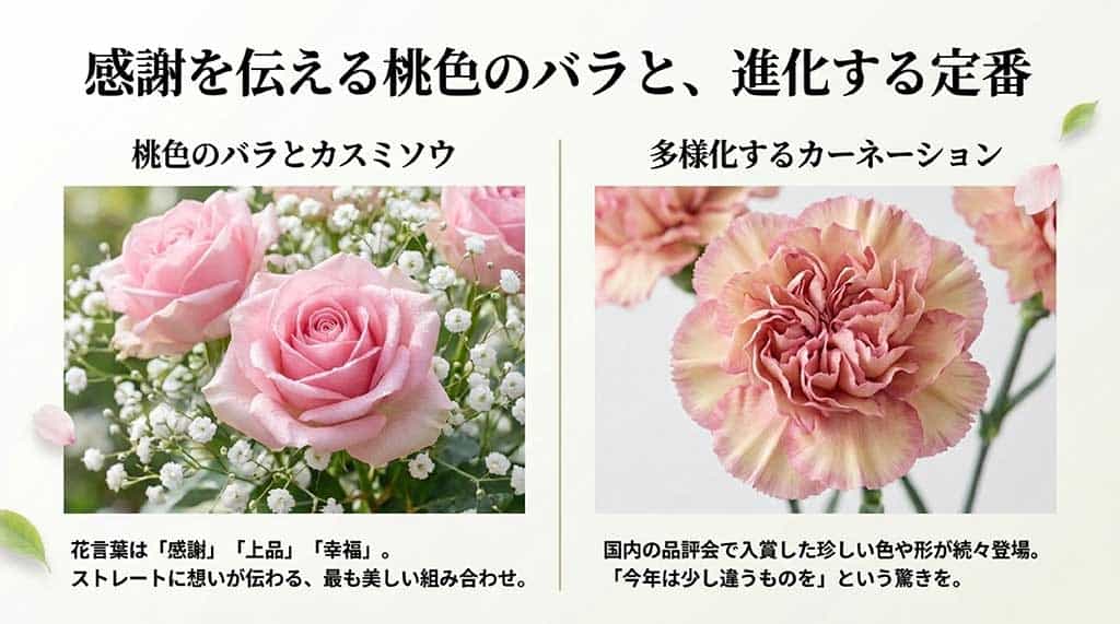 感謝・上品・幸福の花言葉を持つピンクのバラとカスミソウ、珍しい色形の最新カーネーションの紹介