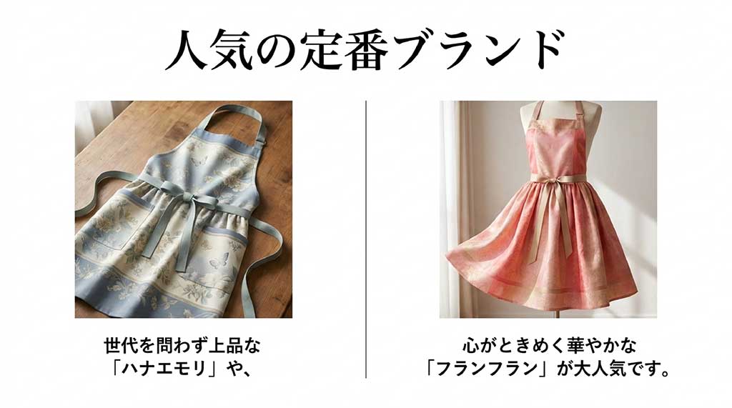 上品なハナエモリのエプロンと、華やかなフランフランのエプロンの比較画像。人気の定番ブランドとして紹介