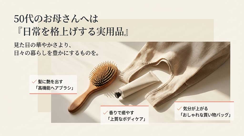 50代のお母さんに喜ばれる、高機能ヘアブラシや上質なボディケアなど、日常を豊かにする実用的なプレゼント案