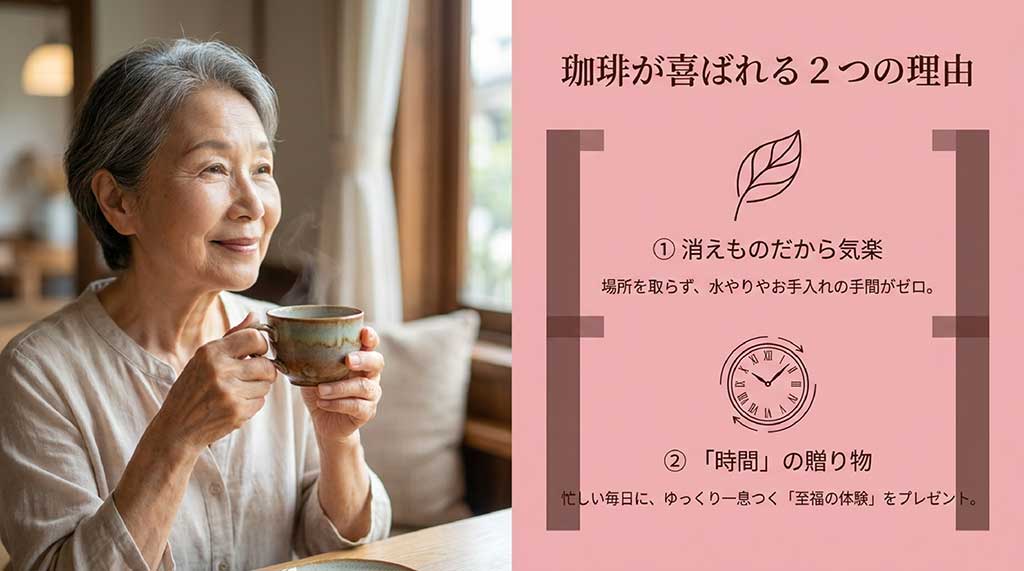 消えものだから気楽であることと、至福の時間を贈るという2つのメリットを説明する図解