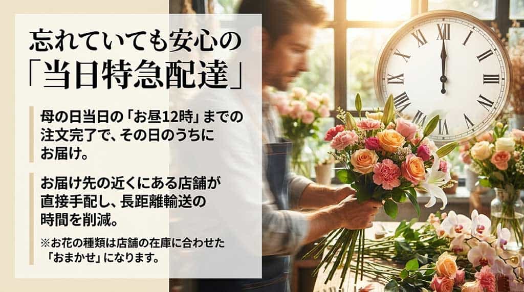 当日お昼12時までの注文で即日届く「当日配達特急便」の解説。近隣店舗からの直接配送で時間を短縮