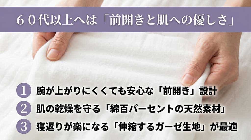 腕が上がりにくい方への前開き設計、乾燥を守る綿100％素材、寝返りが楽な伸縮ガーゼを推奨するスライド