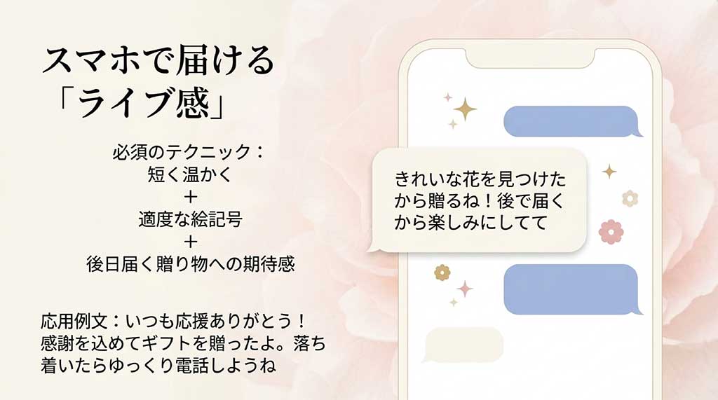 デジタルメッセージでは「短く温かく」「適度な絵文字」「後日届くギフトへの期待感」が大切であることを伝えるスライド