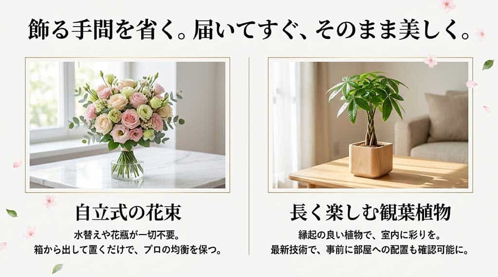 水替え不要な自立式の花束と、AR技術で配置確認も可能な長く楽しめる観葉植物の紹介